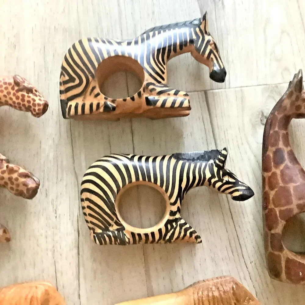 Vintage Napkin Rings Wood Hand Carved African Safari Animals Boho Decor Set of 8